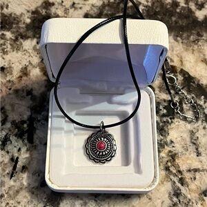 Intricate Silver, Black and Pink Pendant Necklace- black leather cord. New.